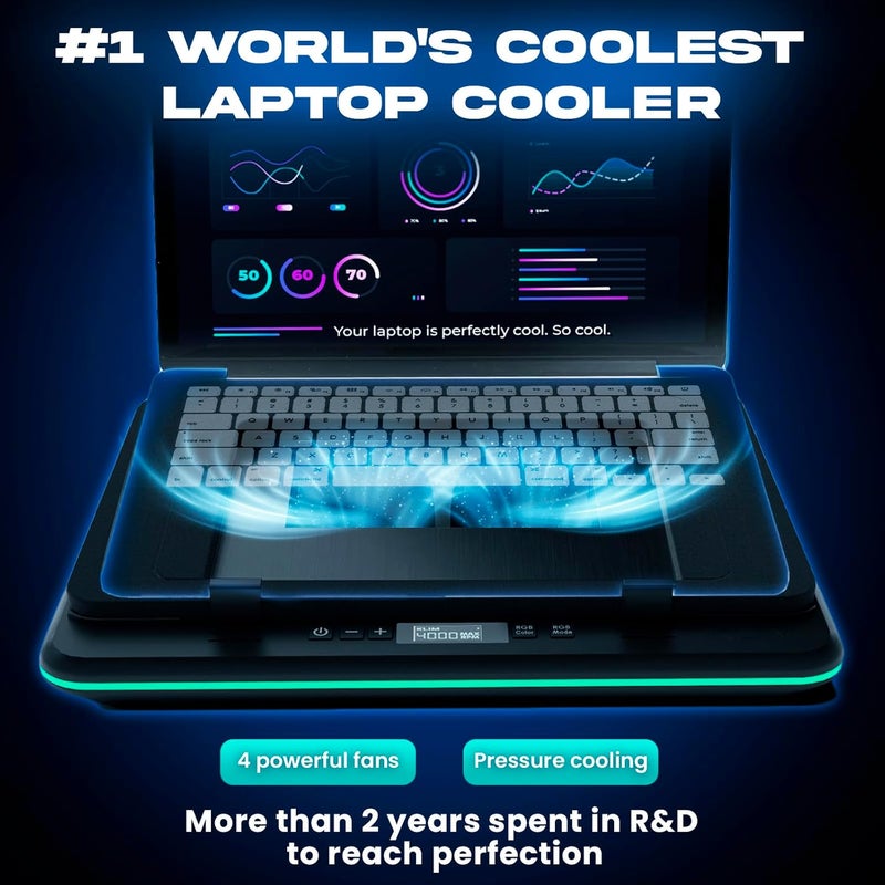 KLIM Turbofrost Gaming Laptop Cooling Pad - 4 Powerful Turbo Fans - 4 x 4000 RPM, Dynamic RGB, 4-Ports USB, Laptop Cooler 2 Power Modes USB-C/DC, Sealed Foam for Fast Cooling - Up to 17in - Black - Image 2